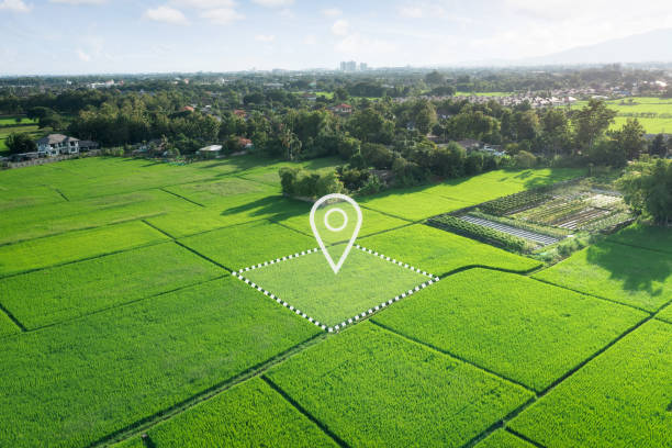 Land plot in aerial view. Identify registration symbol of vacant area for map. Property or real estate for business of home, house or residential i.e. construction, development, sale, rent, buy, purchase, mortgage or investment.